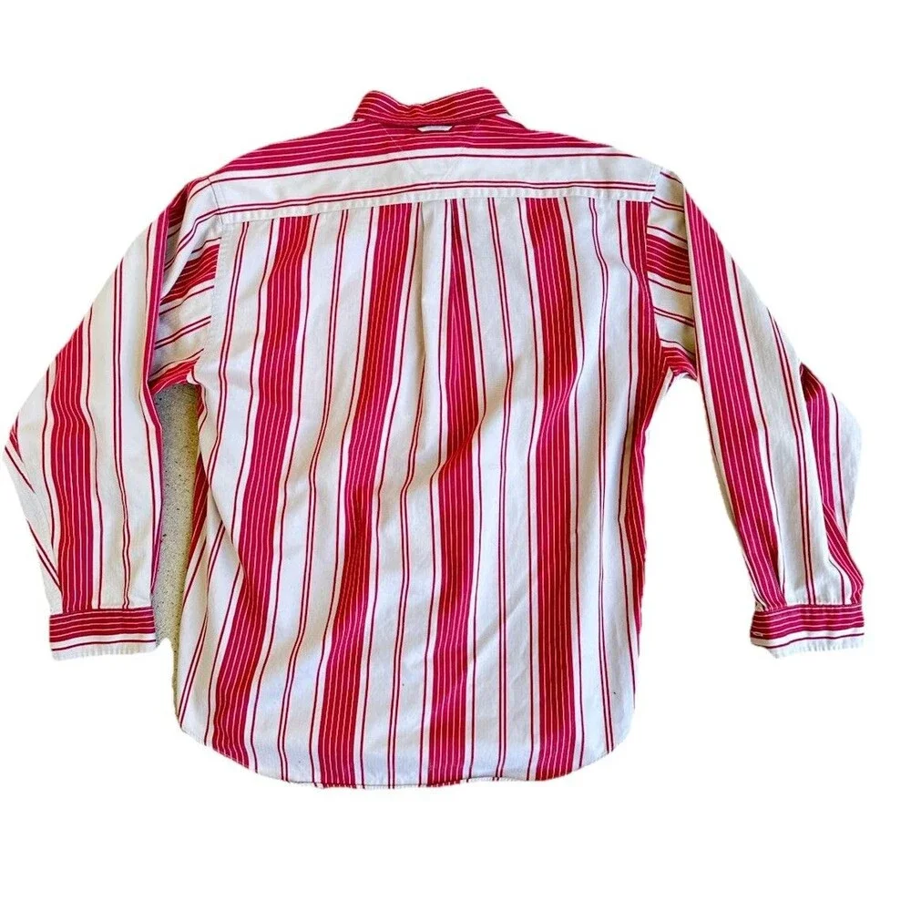 VTG Tommy Hilfiger Button Down Shirt Men's Lg Maroon Red‎ Tan Stripes Crest 90s